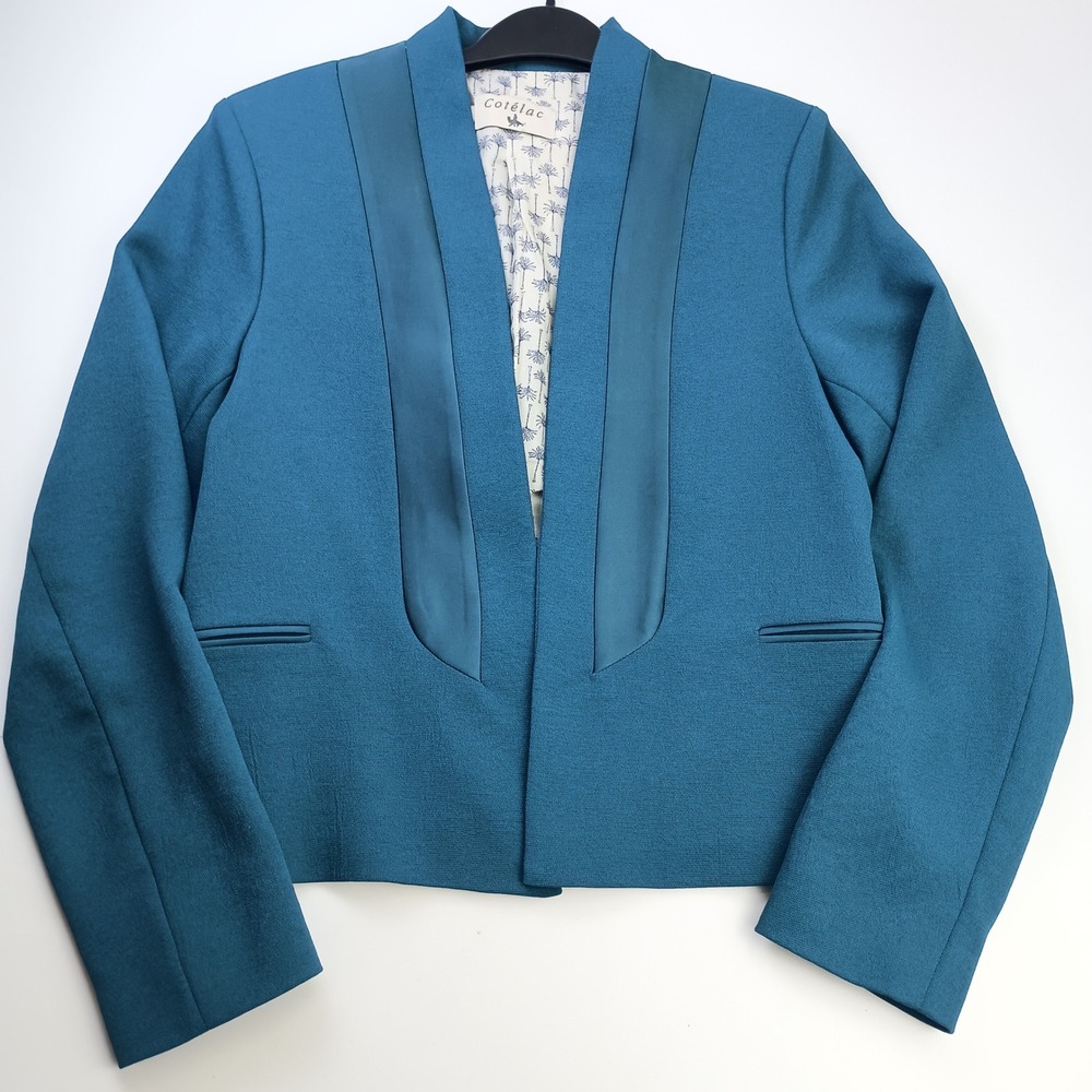 Cotelac Teal Blue Open Front Cropped‎ Blazer Satin Trim Palm Tree Lining Size 2